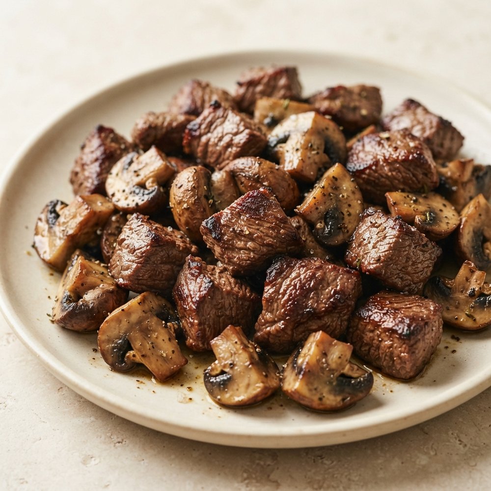 Air-Fried Steak Bites with Portobello Mushrooms