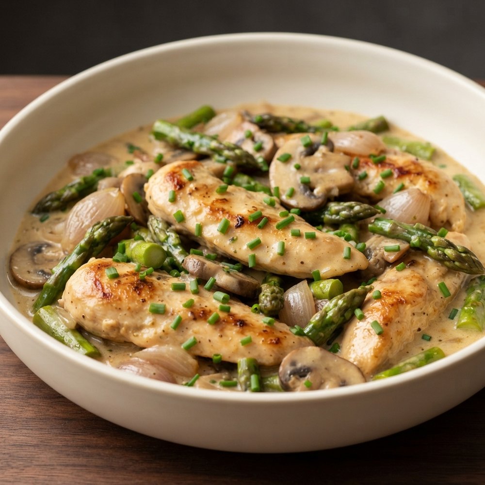 Skillet Chicken with Boursin, Mushrooms, and Asparagus