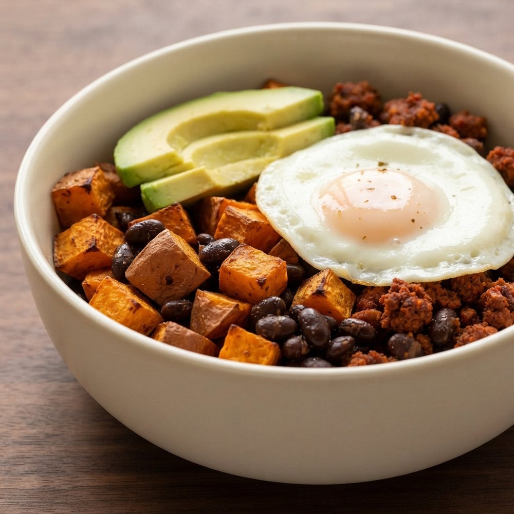Roasted Sweet Potato, Black Bean, and Chorizo Breakfast Bowls