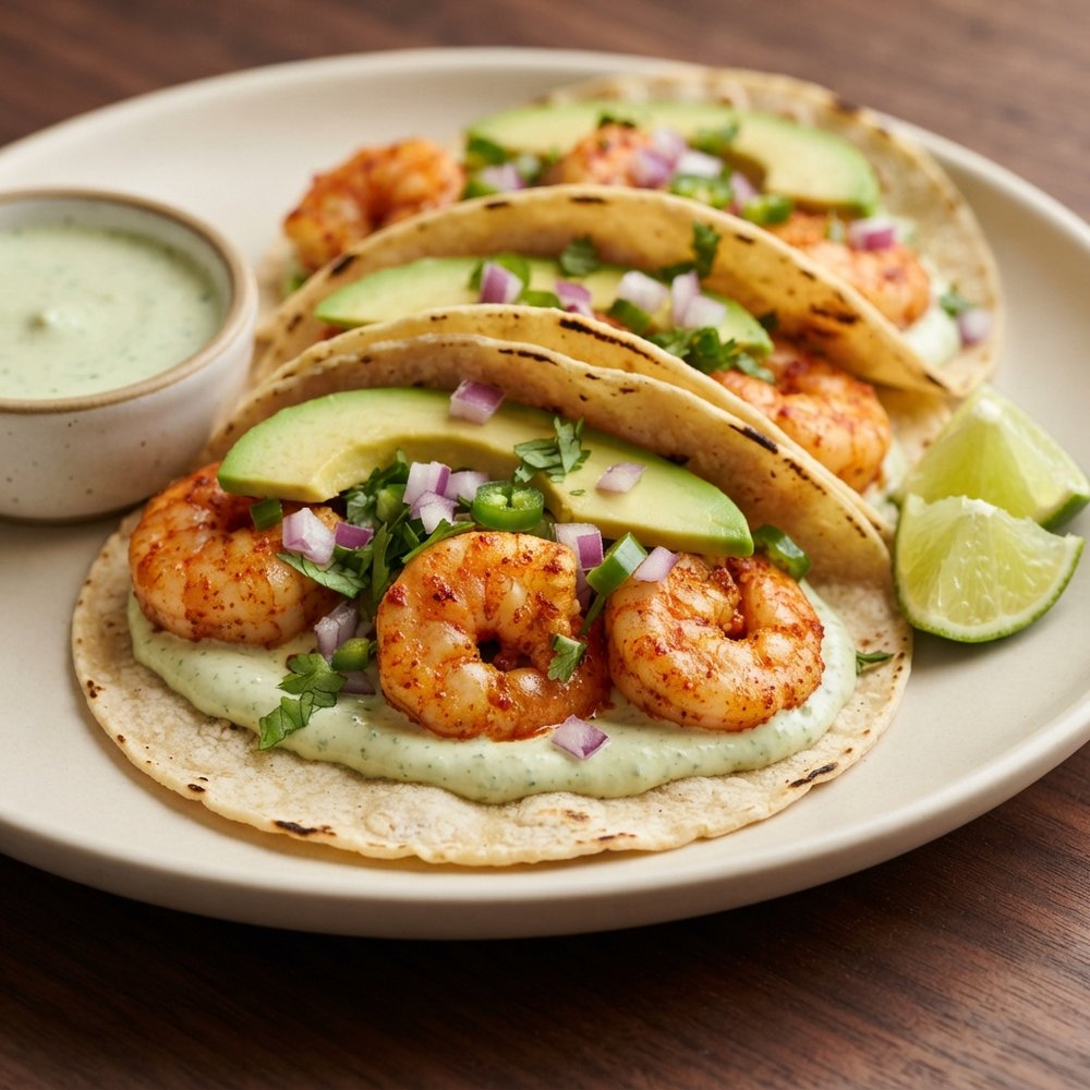 Cilantro-Lime Crema Shrimp Street Tacos
