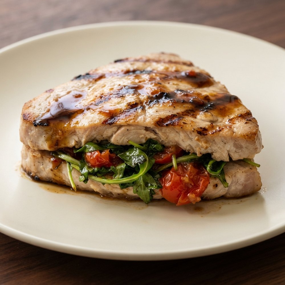 Marinated Grilled Swordfish with Arugula-Tomato Stuffing