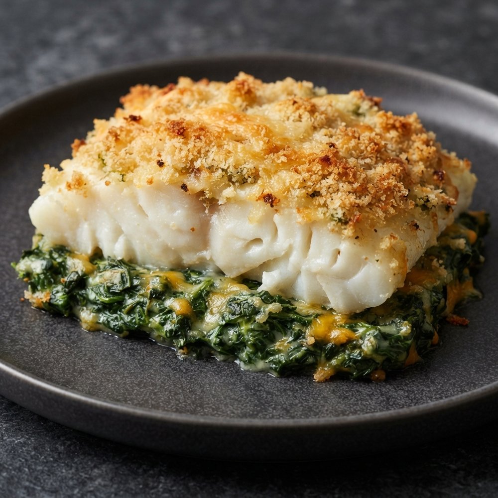 Aunt Carol's Baked Cod with Spinach and Cheddar