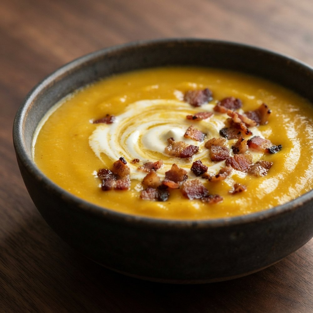 Butternut Squash Apple Soup with Crisp Bacon