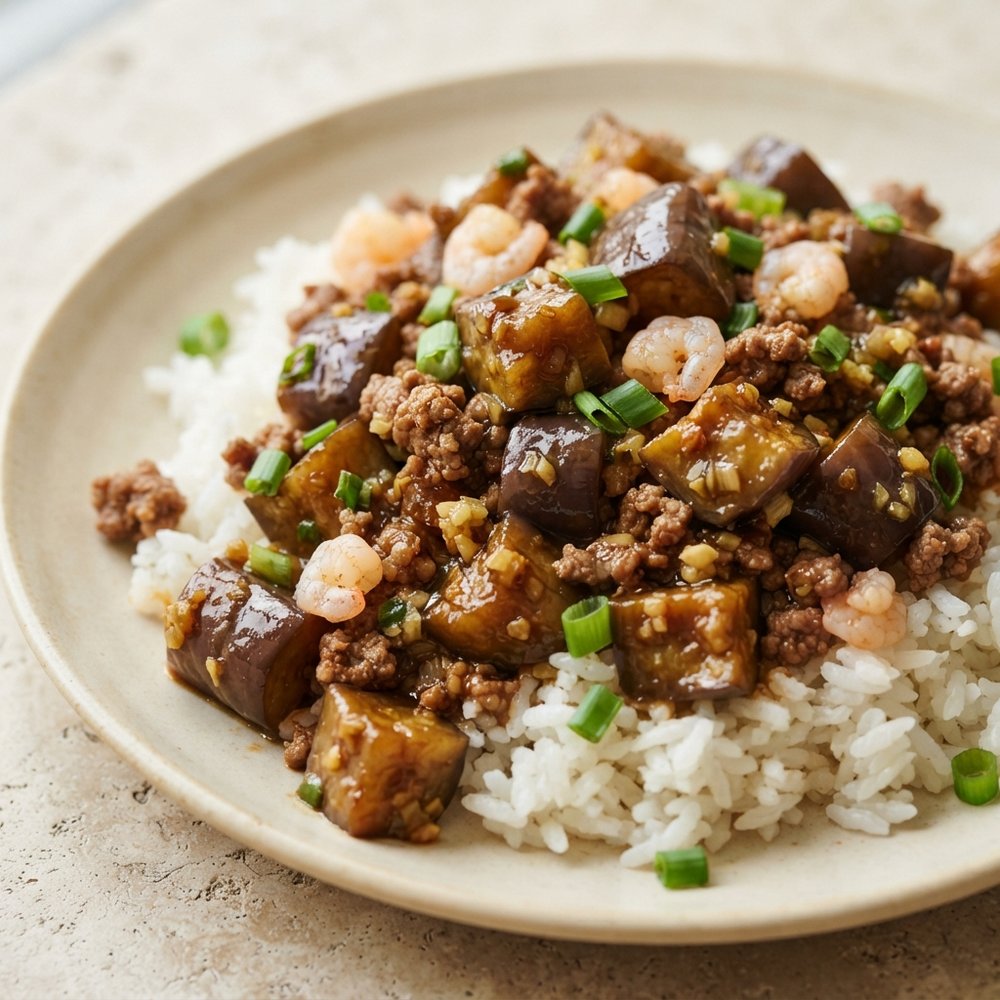 Sichuan-Style Spicy Eggplant with Shrimp and Beef