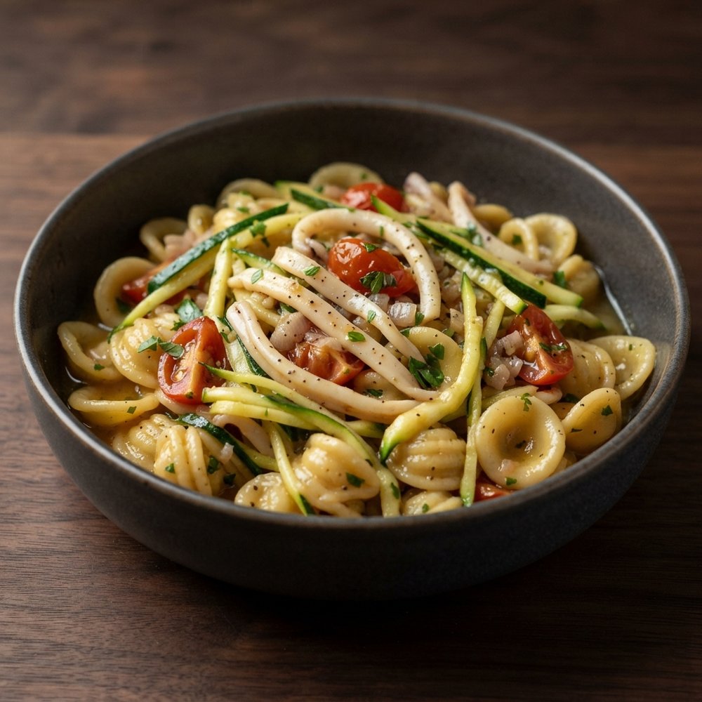 Pasta con Seppioline e Zucchine alla Julienne (Zucchini and Calamari Pasta)