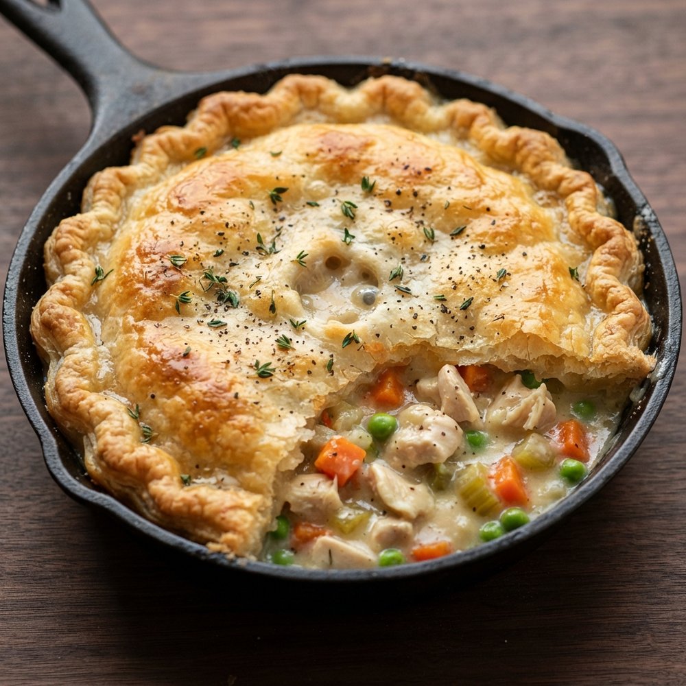 Skillet Chicken Pot Pie with Flaky Pastry Lid