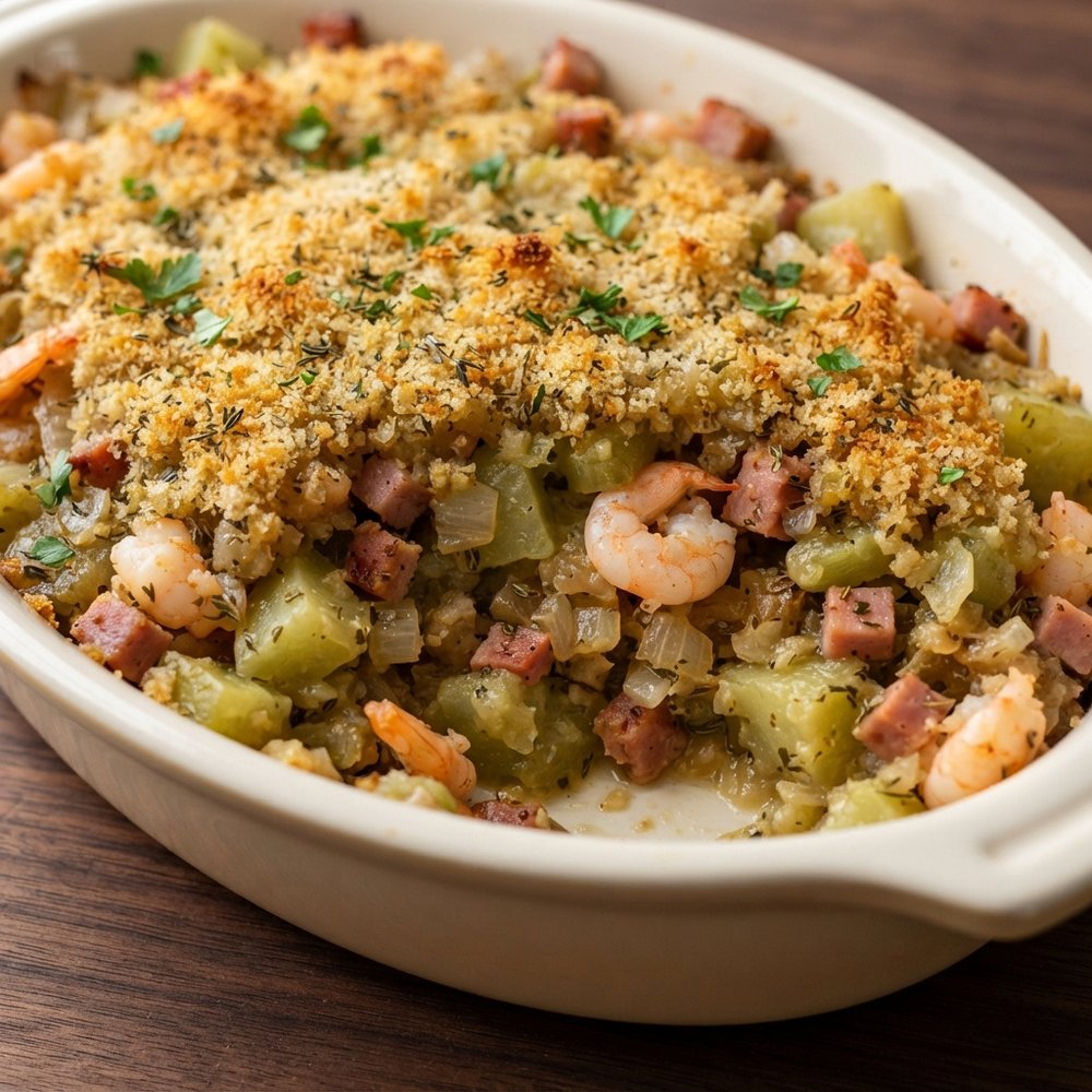 Louisiana Mirliton (Chayote) Casserole with Shrimp and Ham