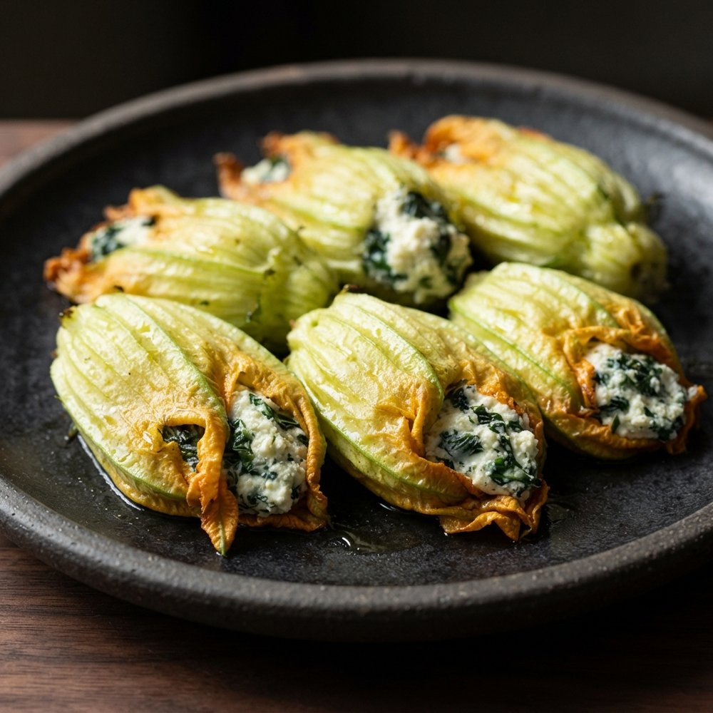 Oven-Roasted Goat Cheese–Stuffed Zucchini Blossoms