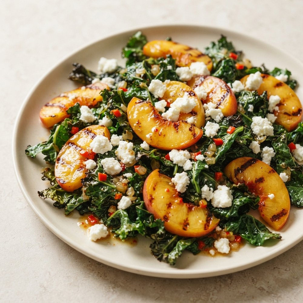 Warm Grilled Peach and Kale Salad