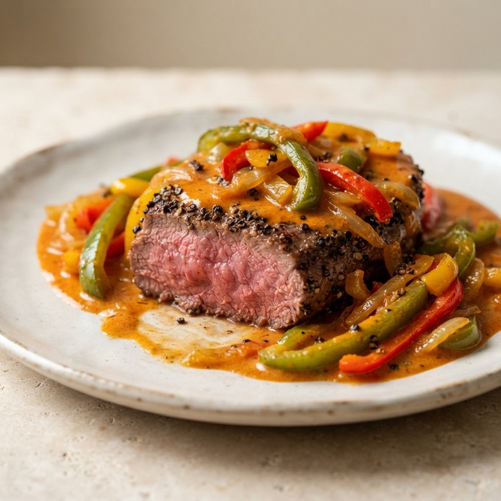 Peppercorn-Crusted Steak with Curried Pan Sauce