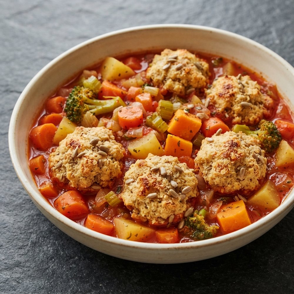 Turnip–Yam Vegetable Stew with Sunflower-Parmesan Mini Biscuits
