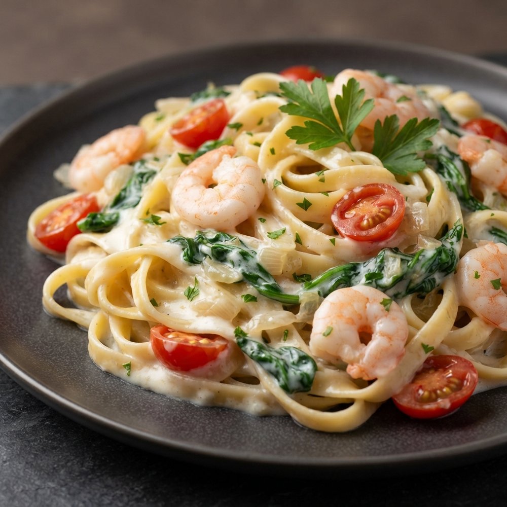 Fettuccine with Shrimp, Tomatoes, and Spinach Cream Sauce