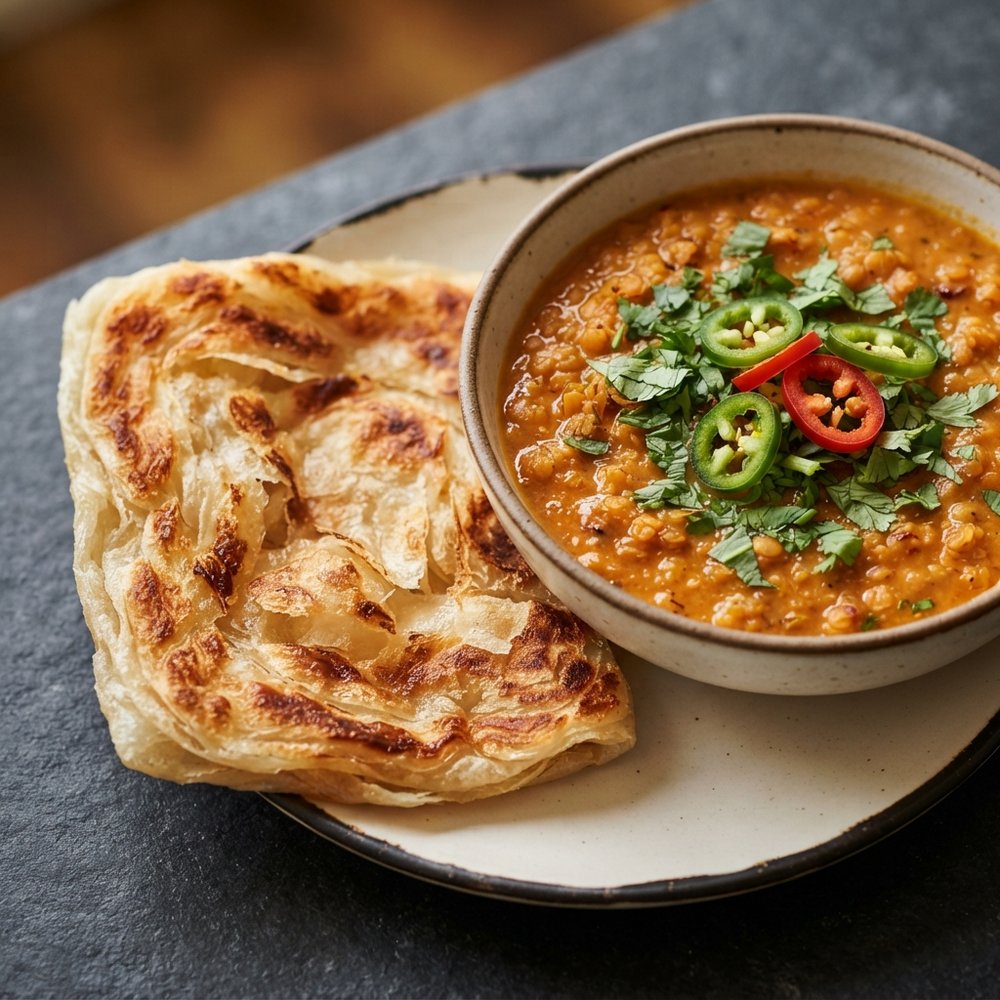 Malaysian Flatbread (Roti Canai) with Curried Lentil Dip