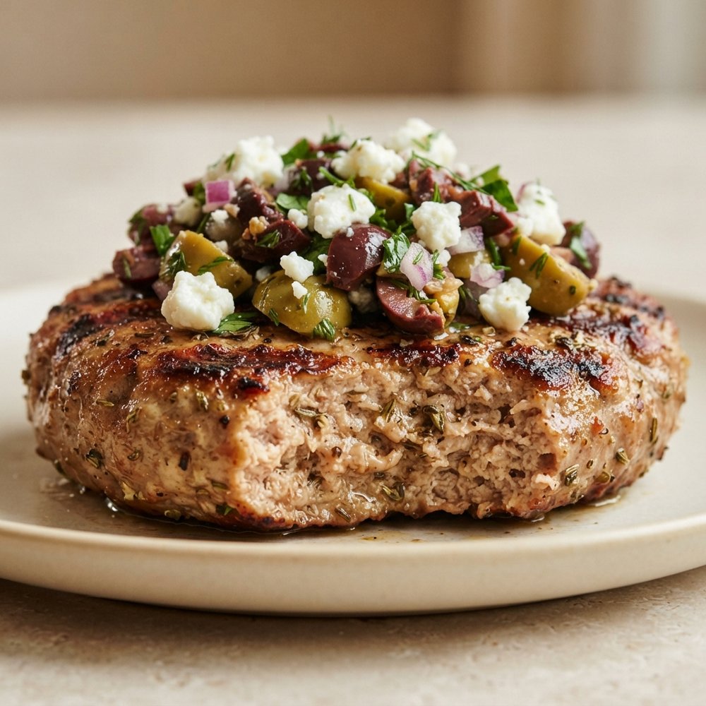 Greek-Style Turkey Burgers with Olive–Feta Relish