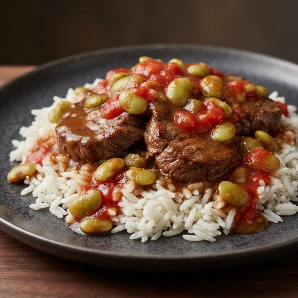 Braised Steak with Lima Bean Tomato Rice
