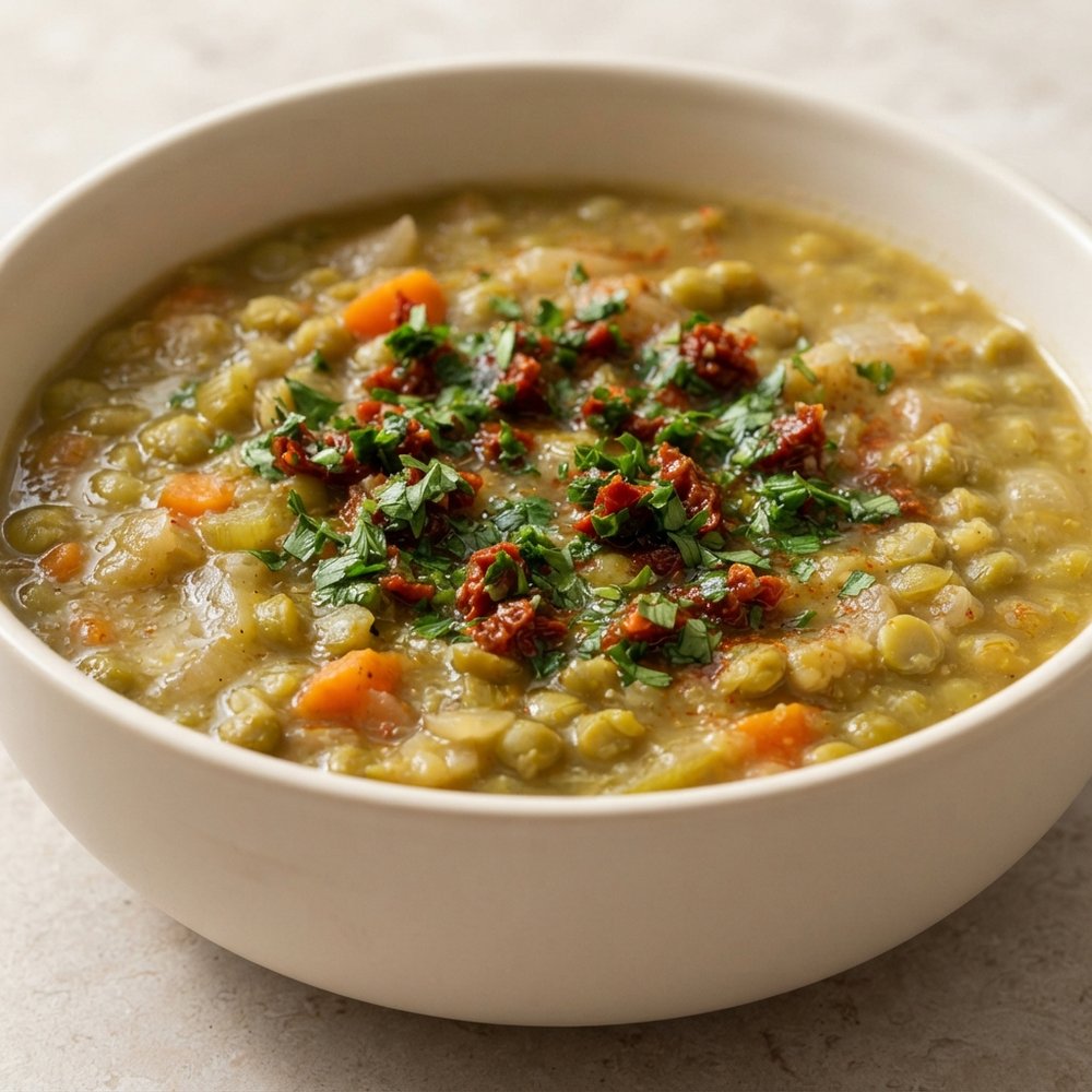 Green Split Pea Soup with Sun-Dried Tomato Gremolata