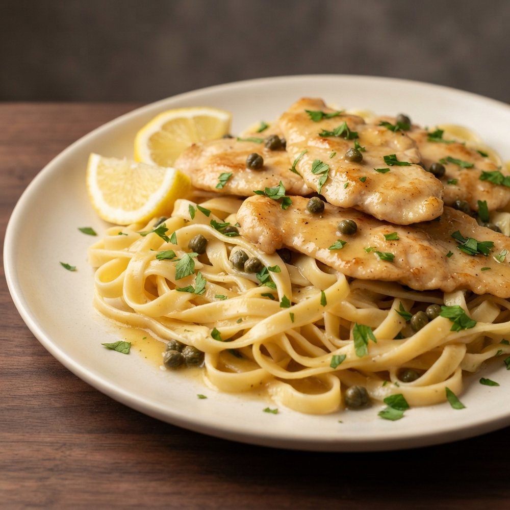 Lemon-Caper Chicken Piccata over Fettuccine