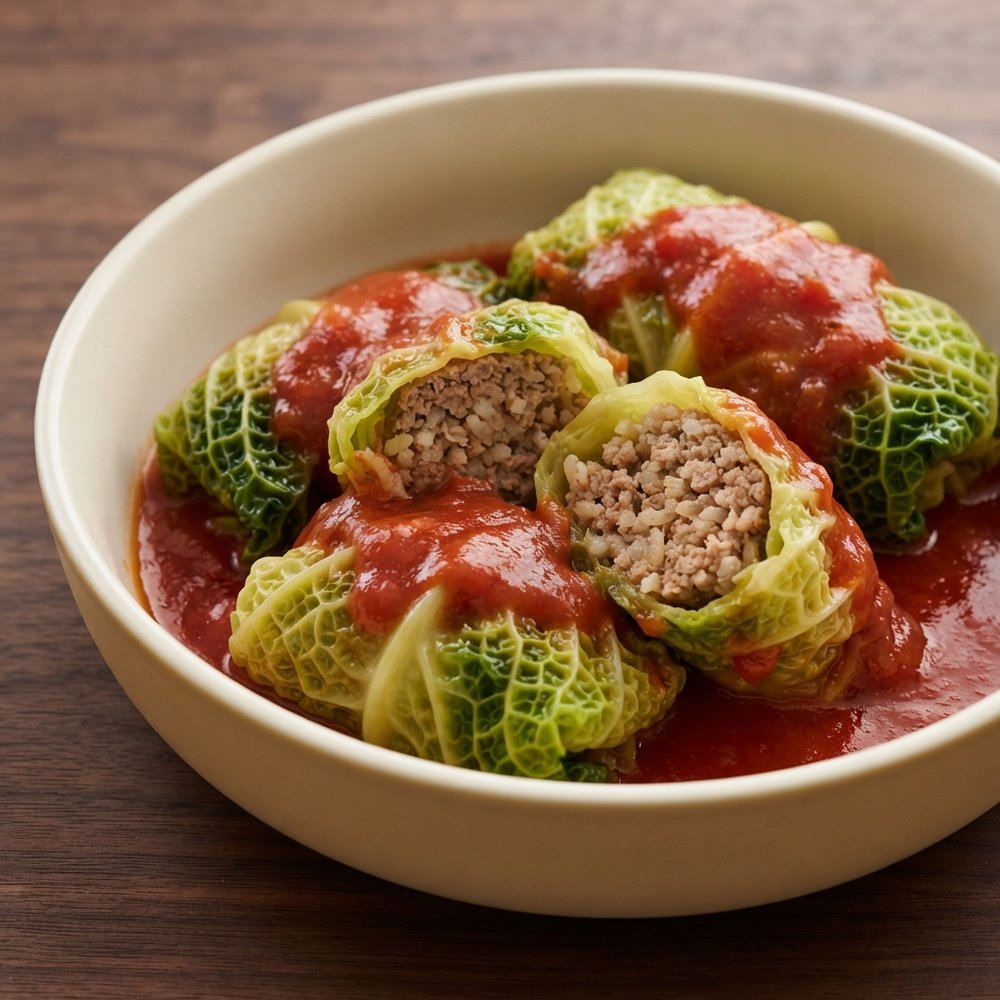 Stuffed Savoy Cabbage Rolls in Tomato Sauce