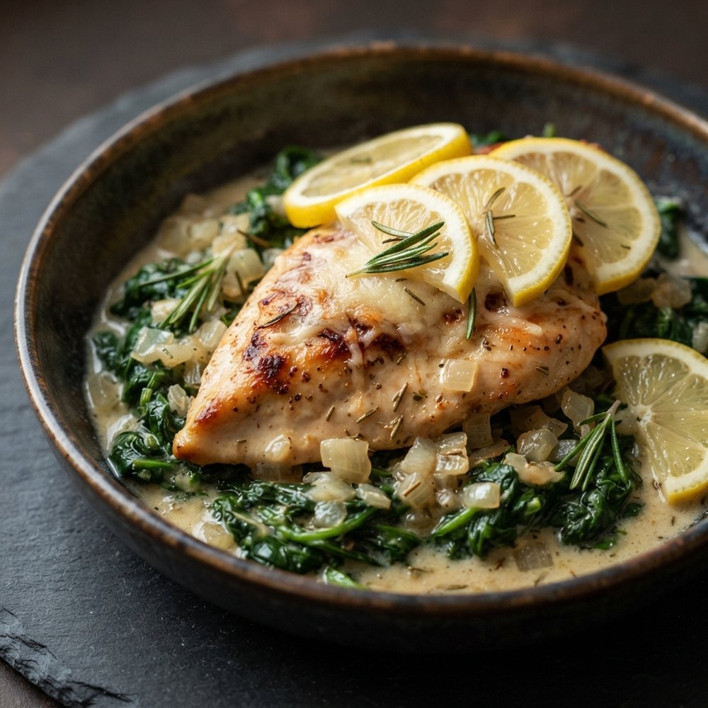 Creamy Lemon-Rosemary Chicken with Spinach Bake