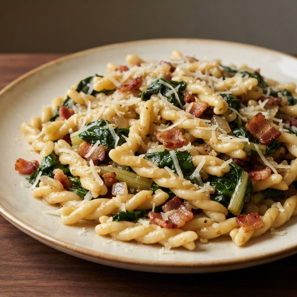 Gemelli Pasta with Bacon and Swiss Chard