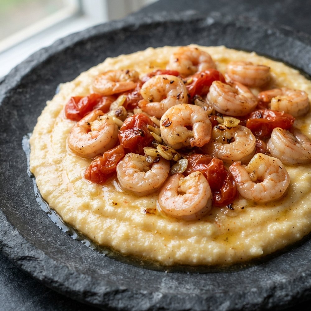 Shrimp over Garlicky Cheese Grits