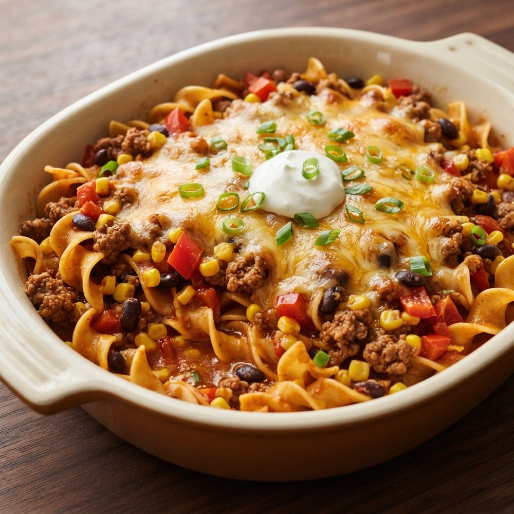 Cheesy Beef Taco Noodle Bake