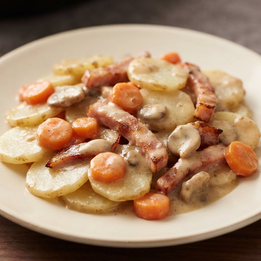 Skillet Ham and Potatoes with Brown Sugar Cream Sauce