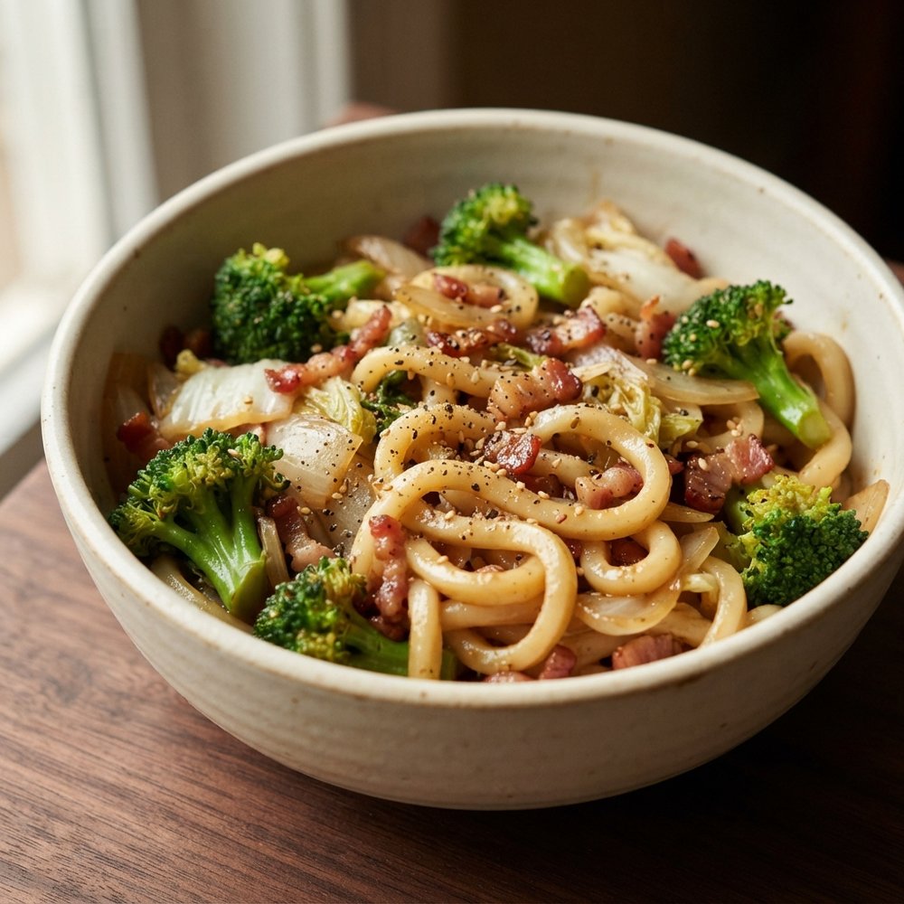 Udon with Broccoli and Bacon