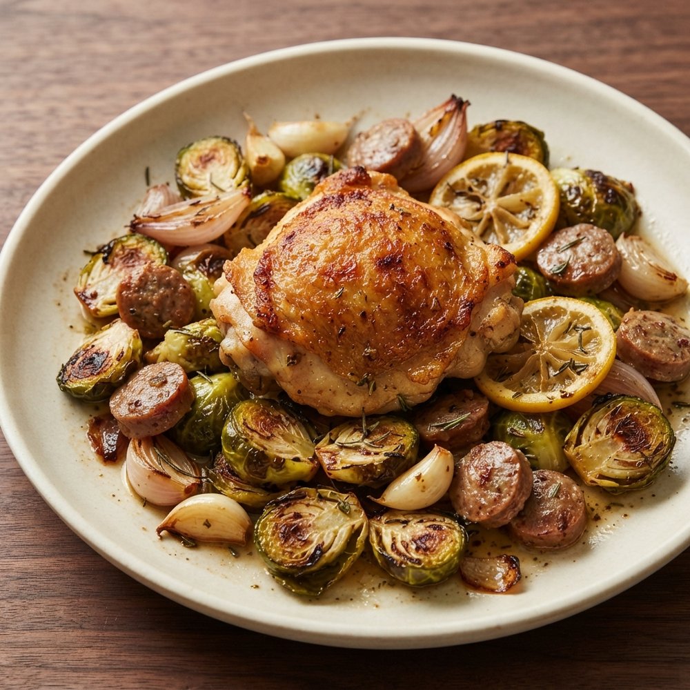 One-Pan Roasted Chicken Thighs with Brussels Sprouts