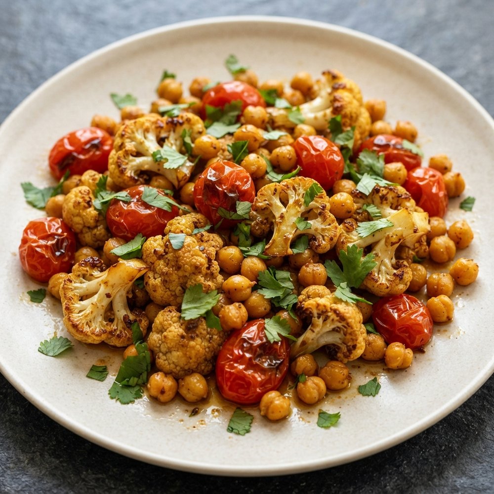 Vegan Sheet-Pan Cauliflower with Tomatoes and Chickpeas