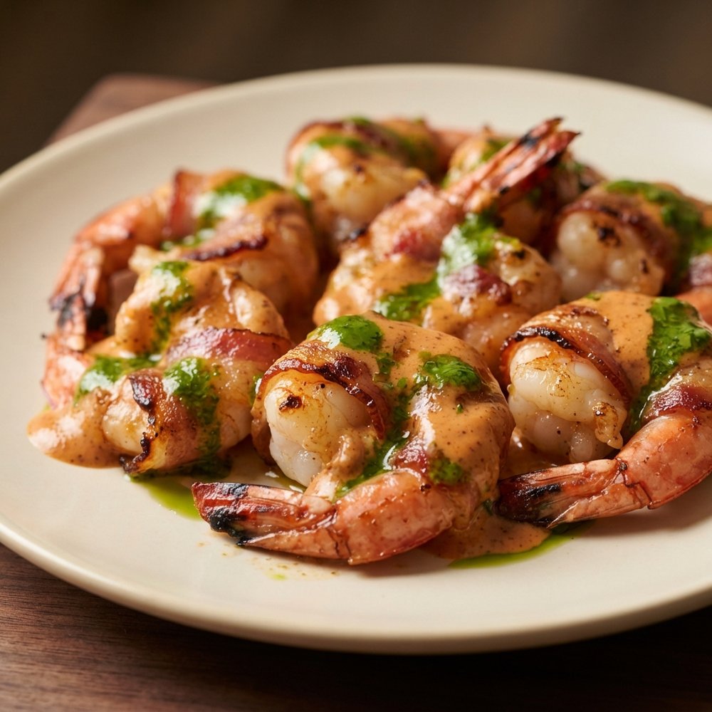 Chipotle Vinaigrette Shrimp Wrapped in Pancetta with Cilantro Oil