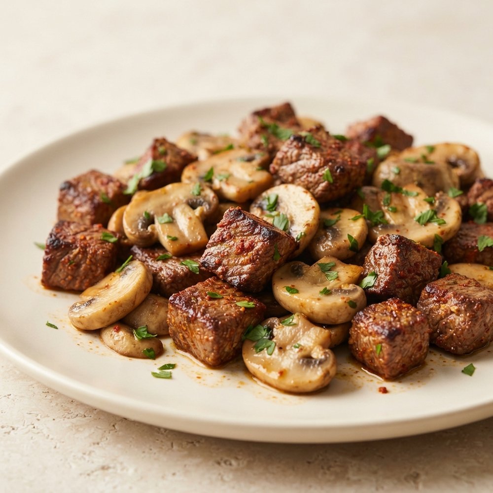 Air-Fried Steak Bites with Mushrooms