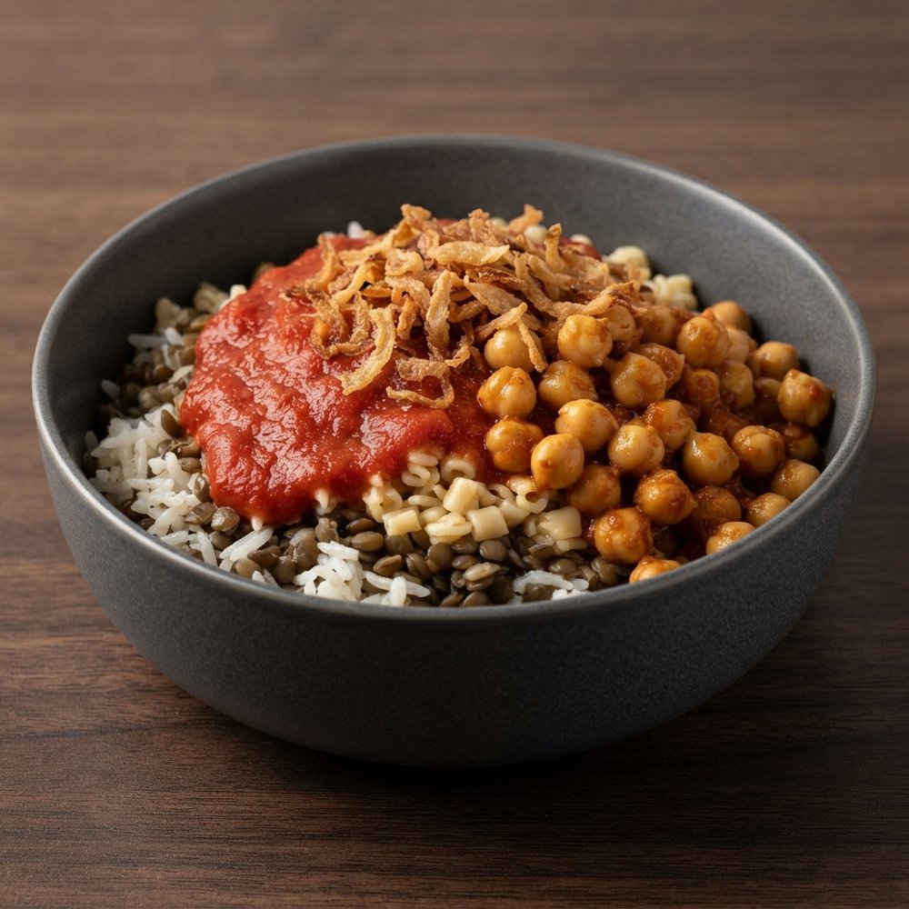 Egyptian Koshari (Rice, Lentils, Pasta, and Tomato Sauce)