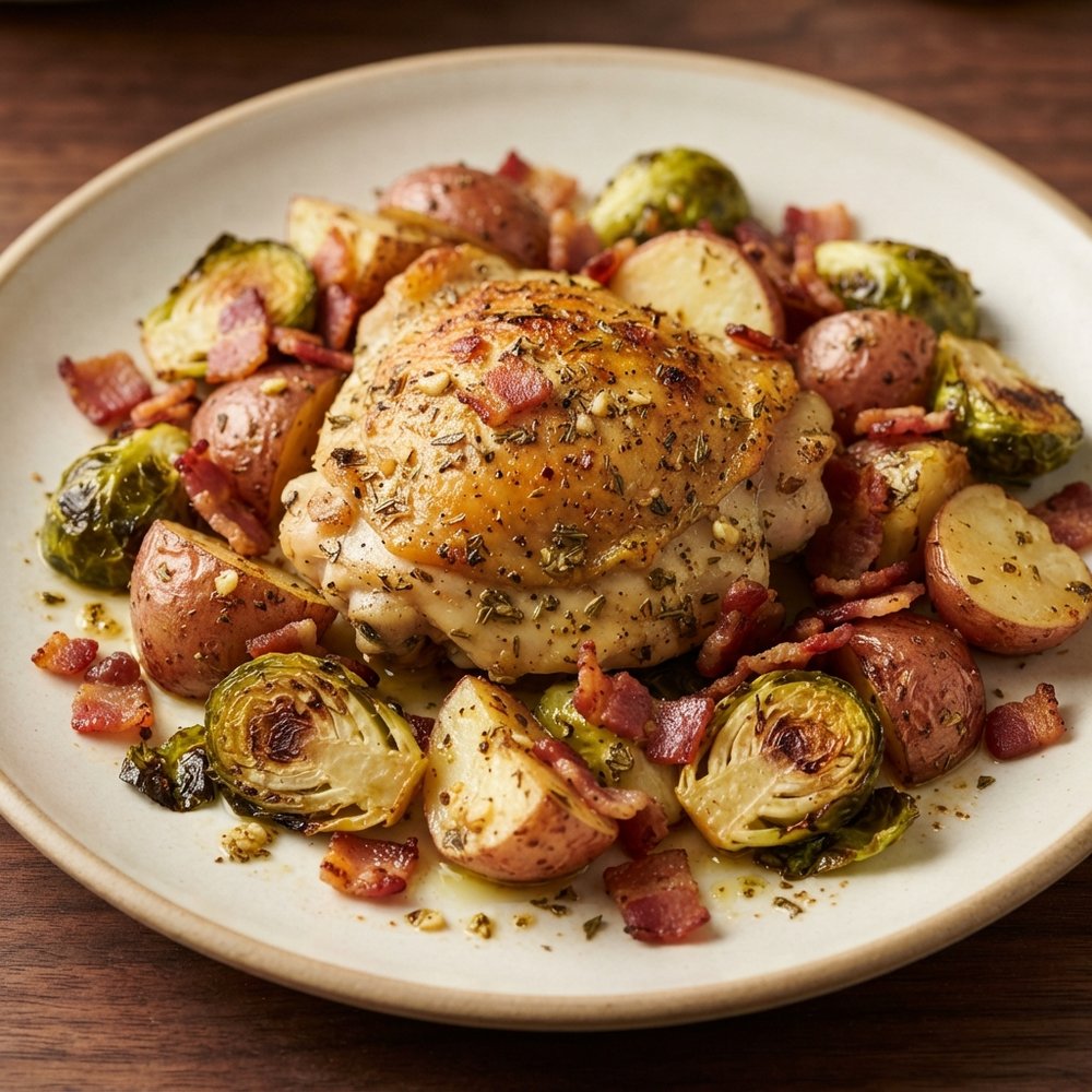 Roasted Chicken Thighs with Brussels Sprouts, Bacon, and Potatoes