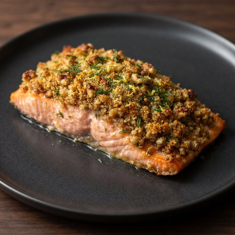Walnut-Dill Crusted Salmon Fillets with Lemon
