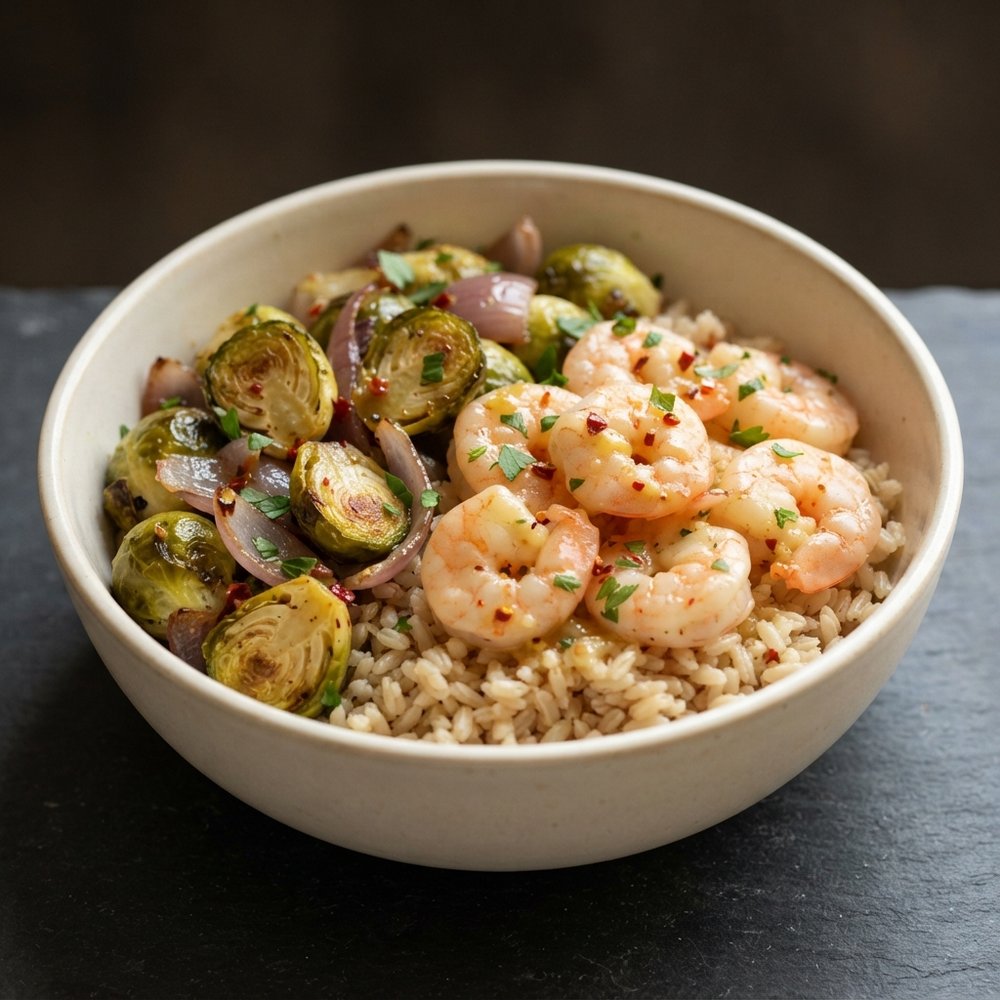 Citrus-Garlic Shrimp with Roasted Brussels Sprouts over Brown Rice