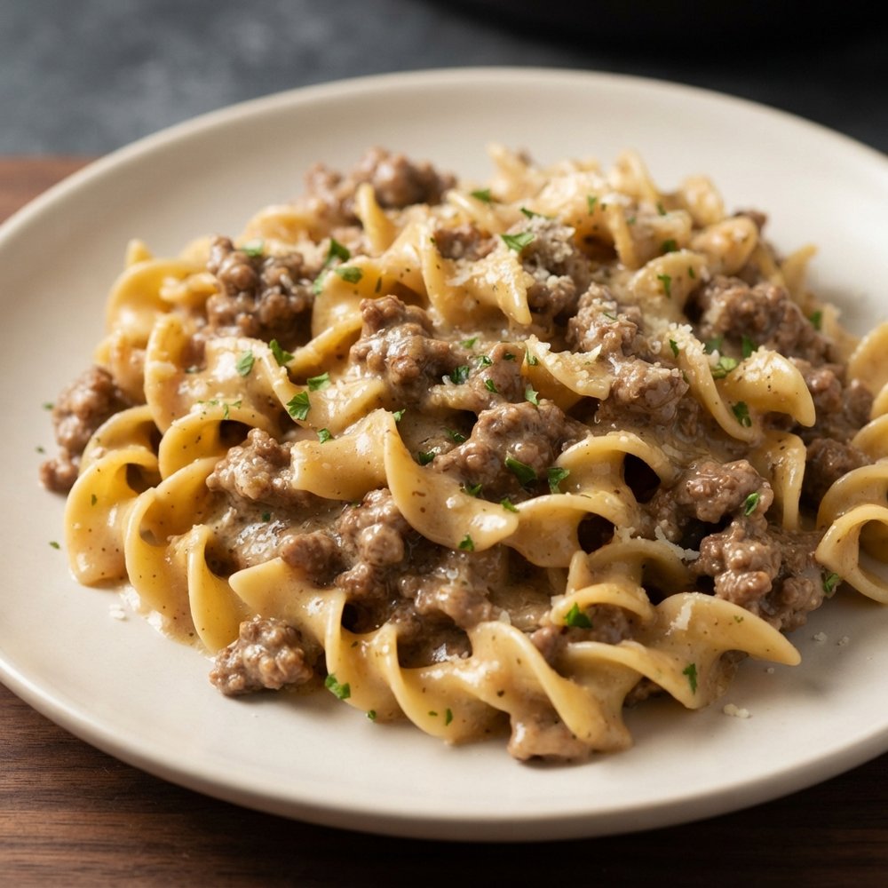 Skillet Ground Beef Stroganoff with Egg Noodles