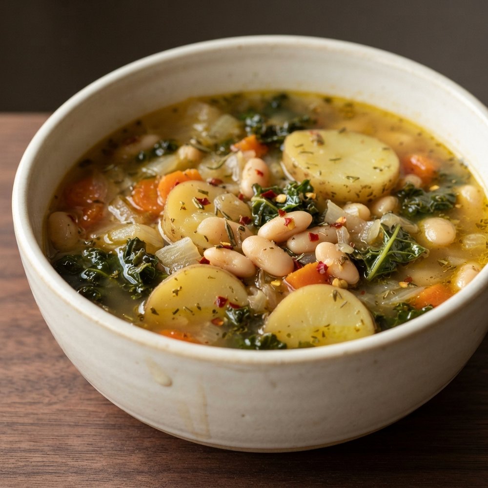 Kale, Cannellini Bean and Potato Soup with Herbs