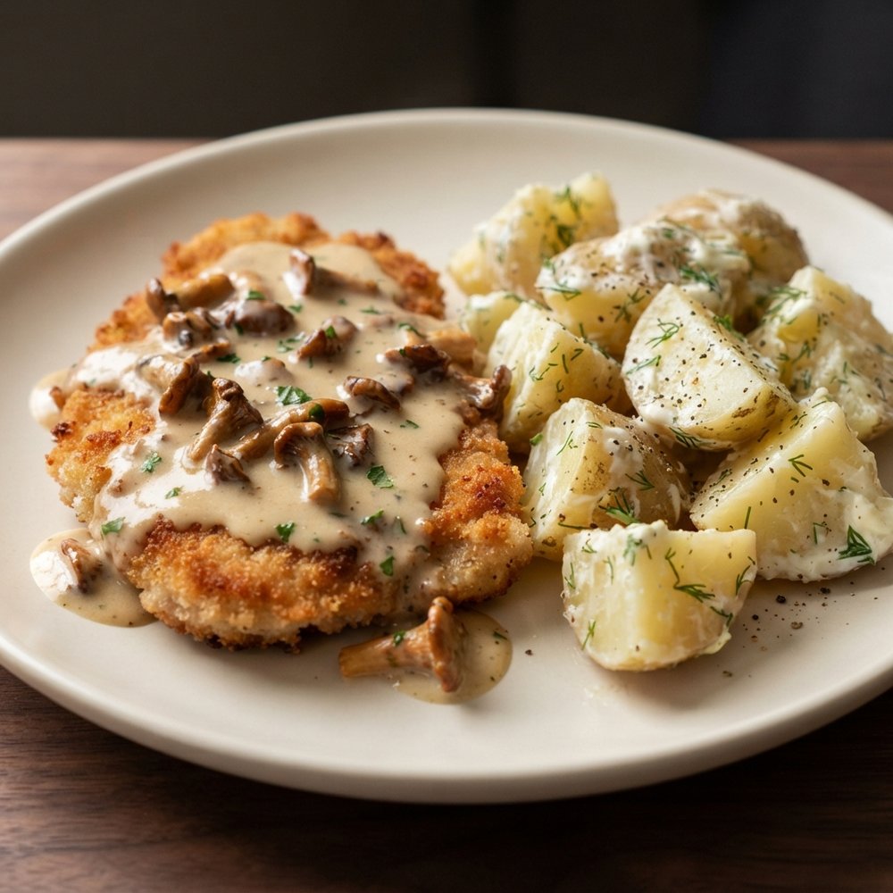 Crispy Pork Cutlets with Chanterelle Cream and Dill Potatoes