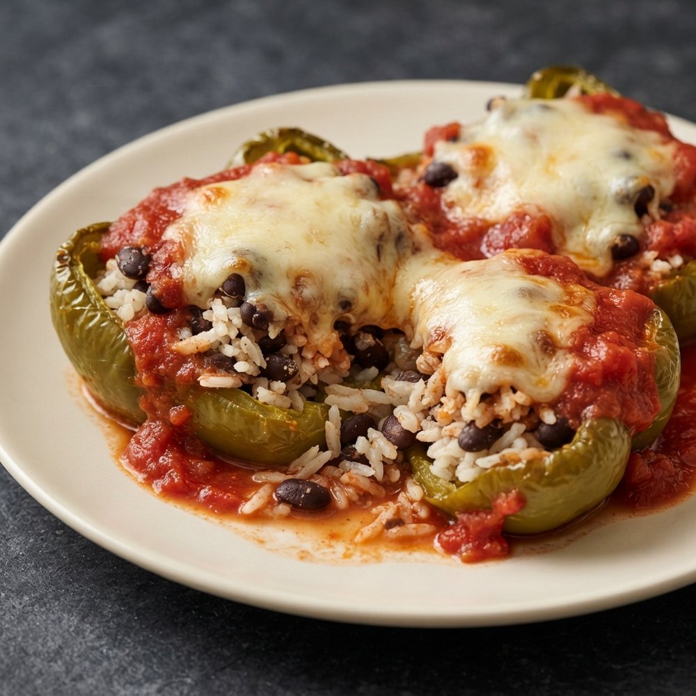 Green Bell Peppers Stuffed with Rice, Beans, and Swiss Cheese