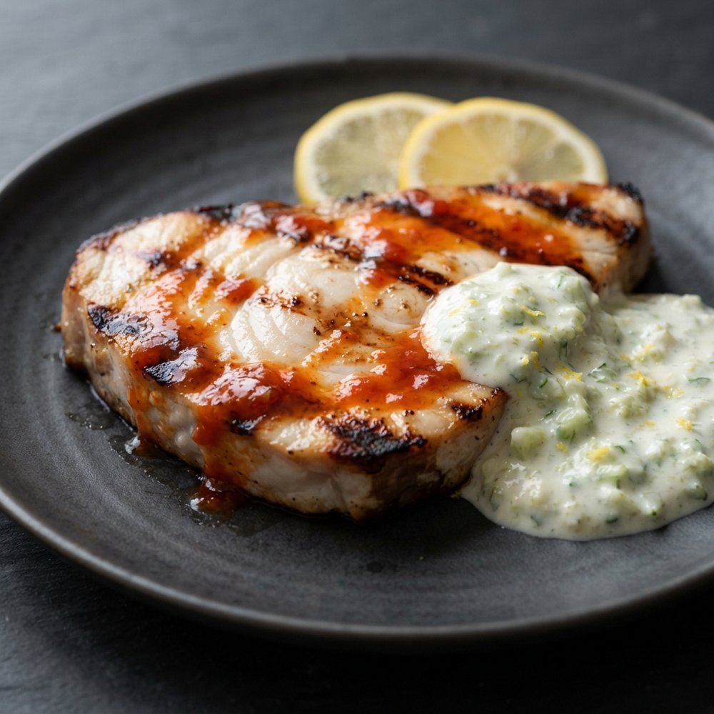 Char-Grilled Swordfish Steaks with Cool Cucumber Sauce