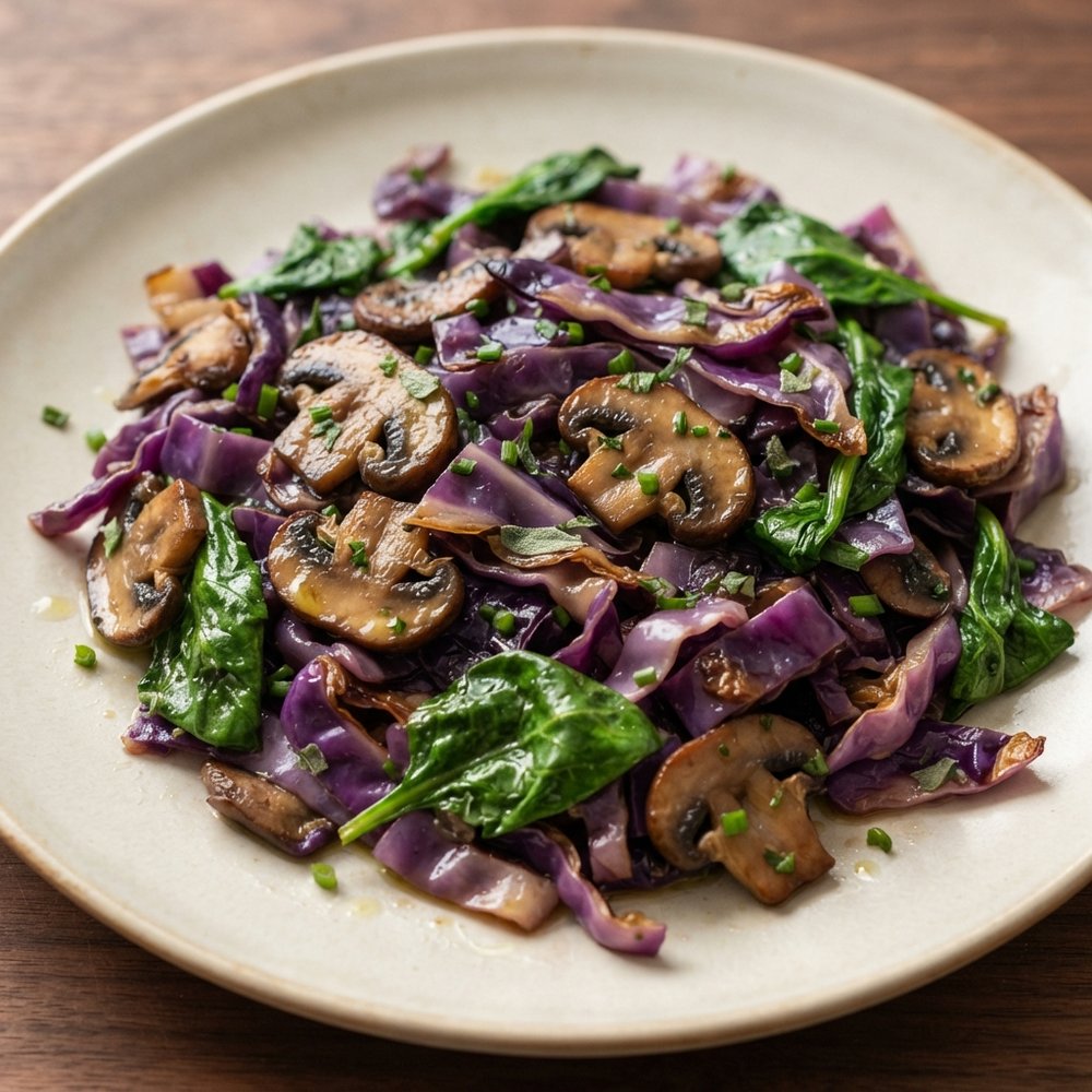 Skillet Red Cabbage with Mushrooms and Spinach