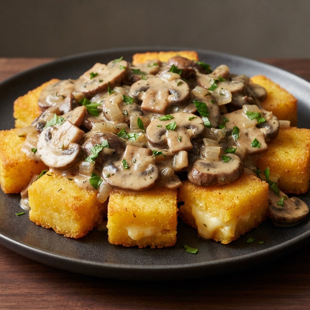 Fried Polenta Squares with Creamy Mushroom Ragu