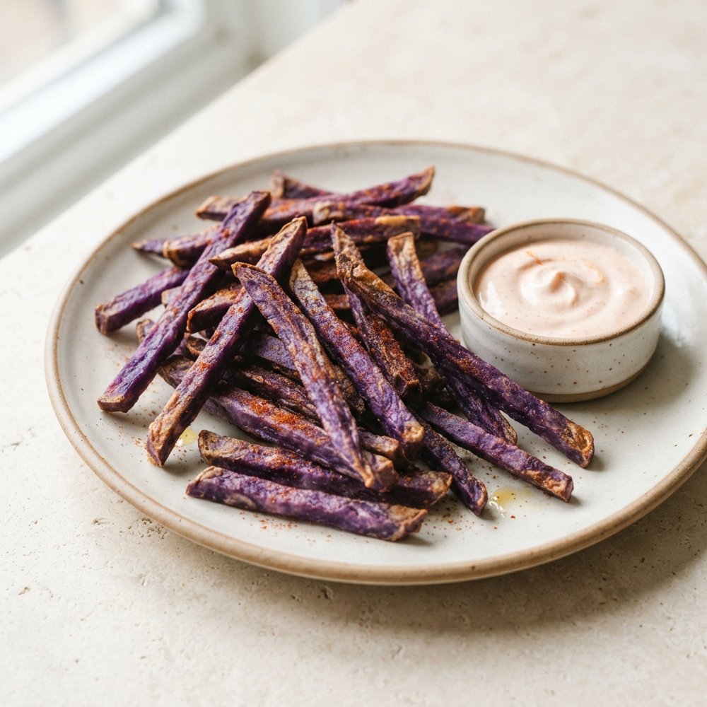 Air Fryer Ube Fries with Sour Cream–Sriracha Dip