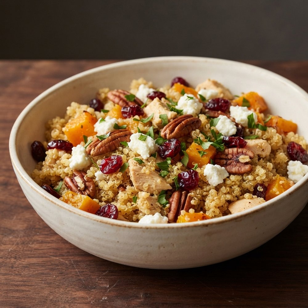 Quinoa Bowl with Butternut Squash, Chicken, and Goat Cheese