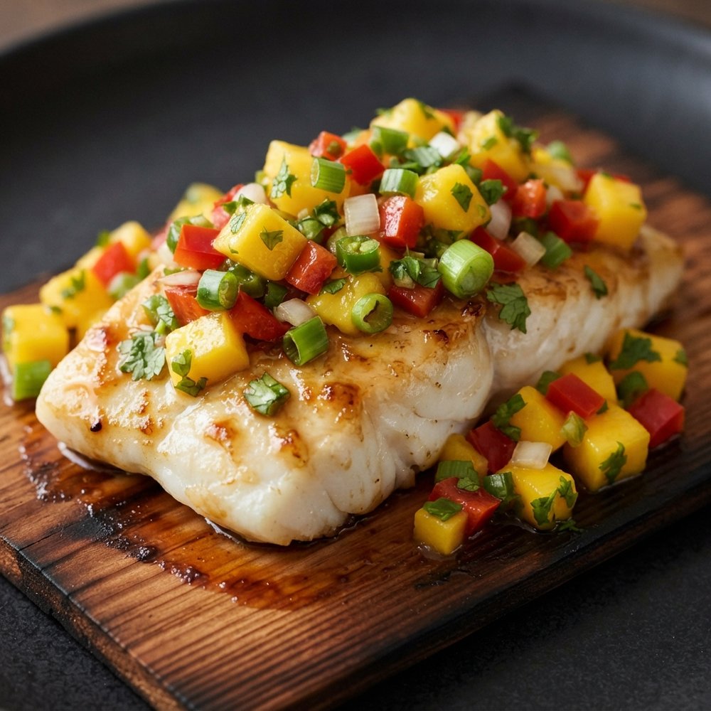 Cedar-Planked Mahi Mahi with Mango Jalapeño Salsa