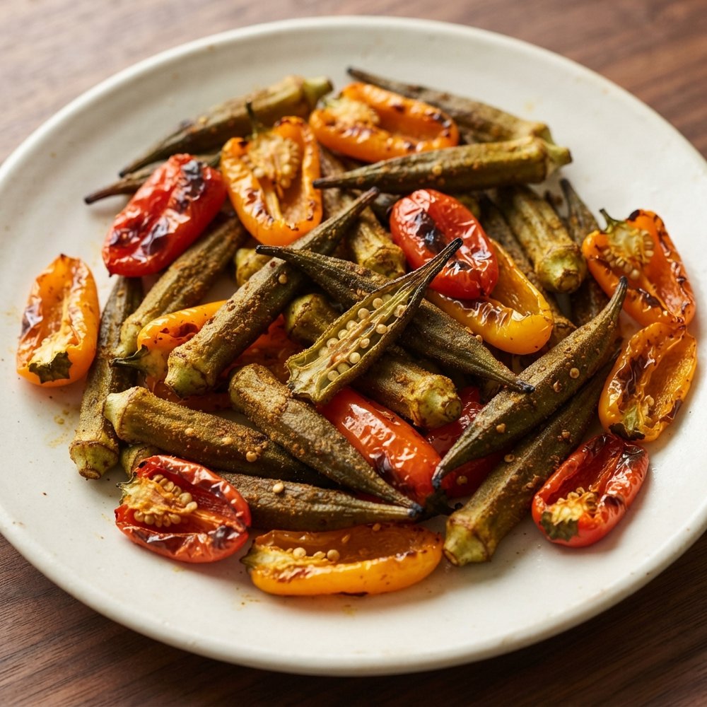 Roasted Okra and Mini Peppers with Warm Spices