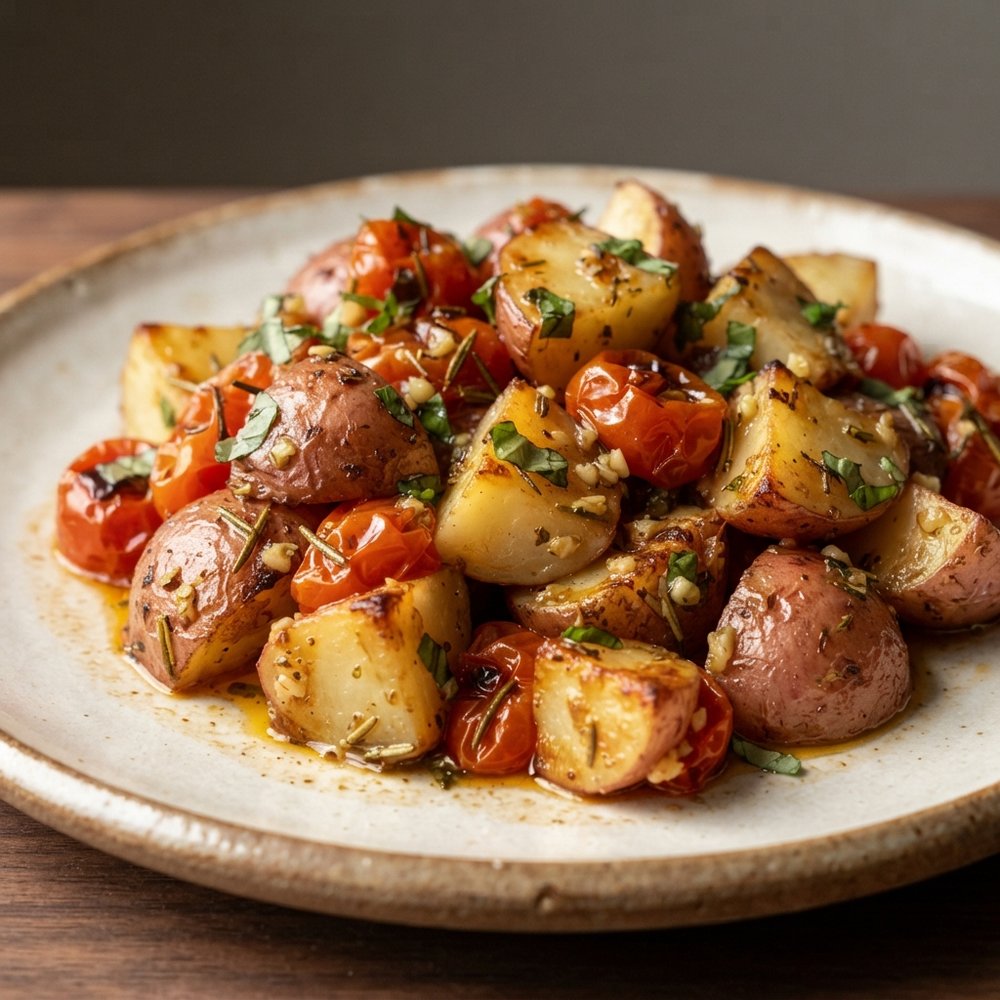 Roasted Potatoes with Tomatoes, Basil, and Garlic