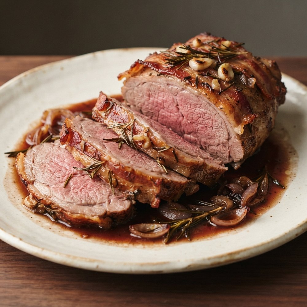 Bacon-Clad Roast Leg of Lamb with Red Wine Pan Sauce