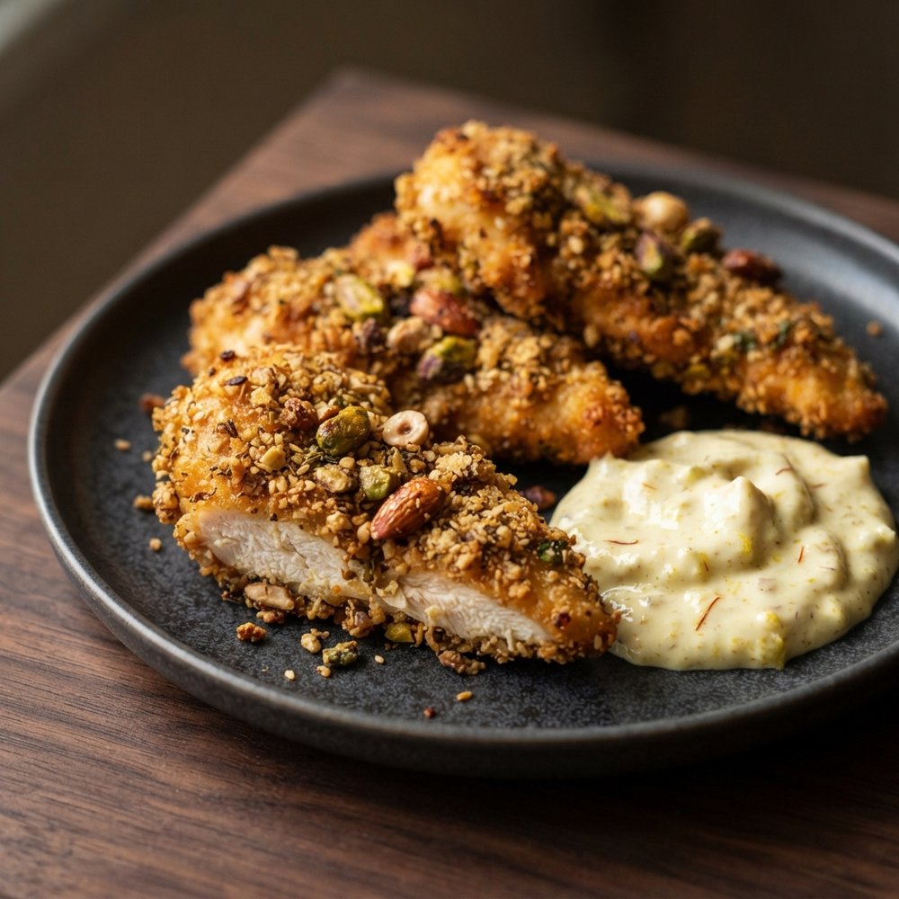 Dukkah-Coated Chicken Tenders with Lemon–Saffron Aioli